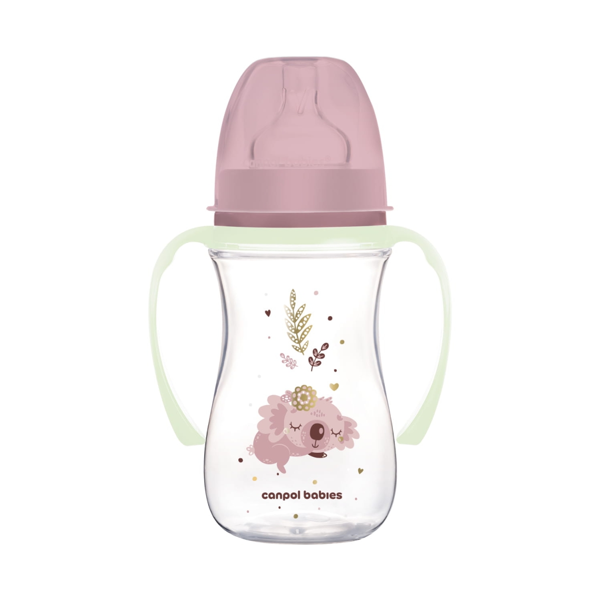 Butelka antykolkowa Canpol babies EasyStart Sleepy Koala 240 ml z różową nakrętką, świecącymi uchwytami i nadrukiem śpiącej różowej koali.