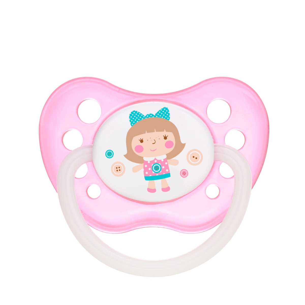 Różowy smoczek Canpol babies TOYS z uroczym motywem dziewczynki, wykonany z bezpiecznego silikonu, idealny dla niemowląt 6–18 miesięcy.