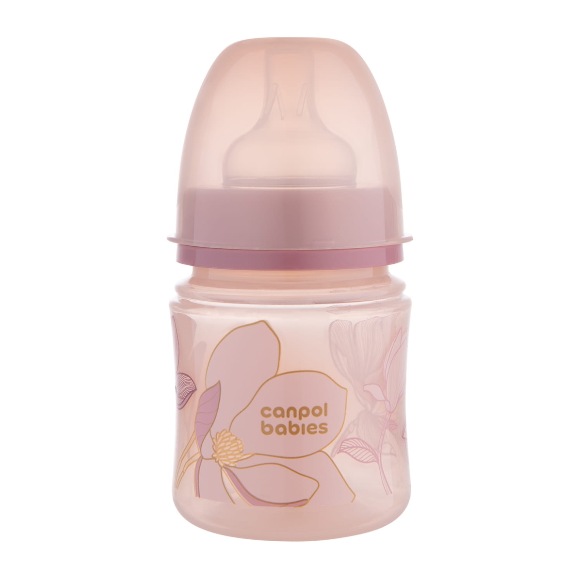 Różowa butelka Canpol babies EasyStart 120ml GOLD z przezroczystą zatyczką i kwiatowym wzorem, lekka i bezpieczna butelka antykolkowa dla niemowląt.