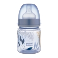 Niebieska butelka antykolkowa Canpol babies EasyStart 120ml GOLD z przezroczystą zatyczką i wzorem liści, przeznaczona do karmienia niemowląt.