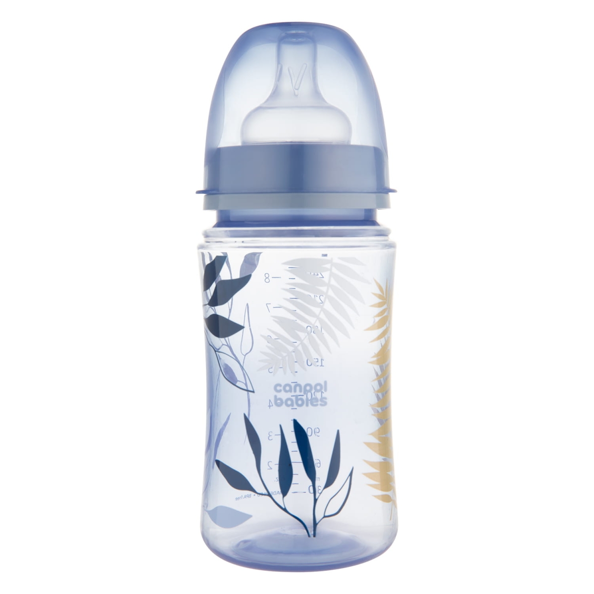 Canpol babies EasyStart 240 ml – niebieska butelka antykolkowa z zatyczką, liściastym motywem i ergonomicznym kształtem.