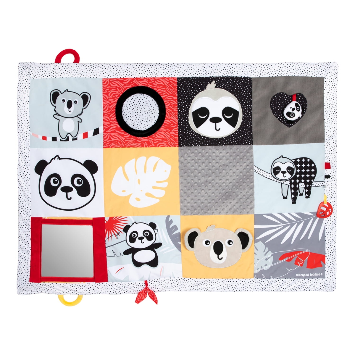 Mata edukacyjna Canpol babies Tummy Time BabiesBoo w pastelowych kolorach z motywami pandy, koali i leniwca, wyposażona w lusterko oraz różne faktury materiałów.