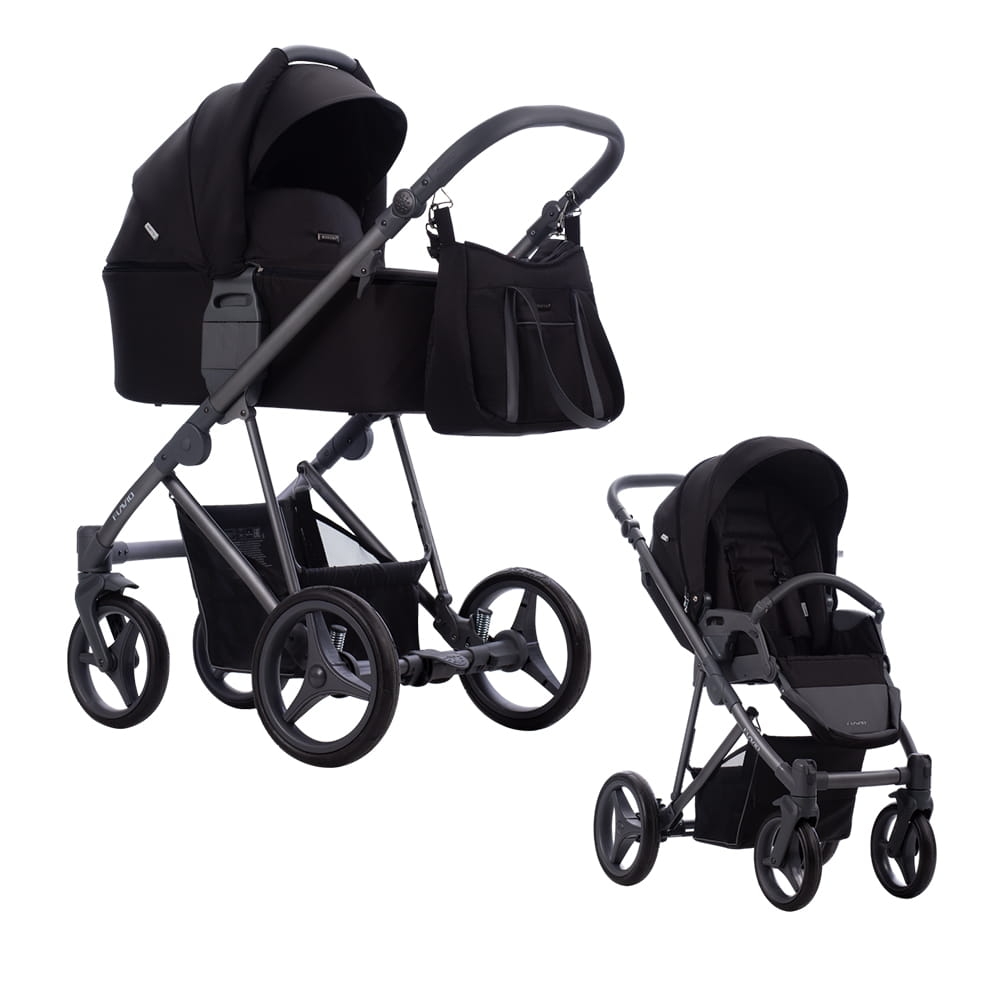 Czarny 10 wózek głęboko-spacerowy Bebetto Flavio 2w1, lekki i elegancki, z gondolą i spacerówką, idealny na każdy teren