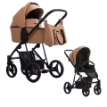 Karmelowy wózek głęboko-spacerowy Bebetto Flavio PRO 03, luksusowy design z eko-skórą, regulowana amortyzacja i wygodne składanie