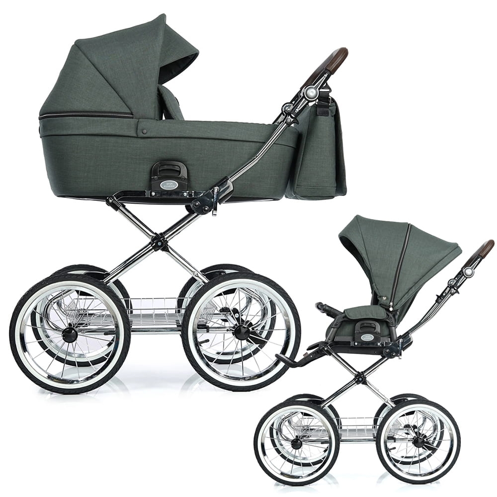 Zielony night green wózek głęboko-spacerowy Roan Coss Classic na chromowanym stelażu z dużymi pompowanymi kołami, prezentowany jako gondola i spacerówka