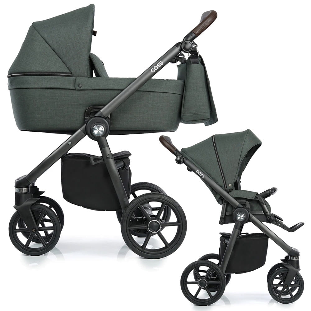 Zielony night green wózek głęboko-spacerowy Roan Coss, elegancki stelaż, regulowane siedzisko i pięciopunktowe pasy bezpieczeństwa, idealny na każdą porę roku