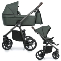 Zielony night green wózek głęboko-spacerowy Roan Coss, elegancki stelaż, regulowane siedzisko i pięciopunktowe pasy bezpieczeństwa, idealny na każdą porę roku