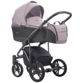 Stylowy wózek Bebetto Bresso z gondolą w różowo-szarym odcieniu. W zestawie znajduje się torba pielęgnacyjna i funkcjonalny stelaż na dużych kołach