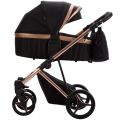 Czarny wózek dziecięcy Bebetto Flavio X Eva Minge gondola z poszerzoną budką przeciwsłoneczną