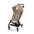Beżowy almond beige wózek spacerowy Cybex Agis z lekką ramą, dużą budką przeciwsłoneczną i 5-punktowymi pasami bezpieczeństwa, idealny do podróży i codziennych spacerów