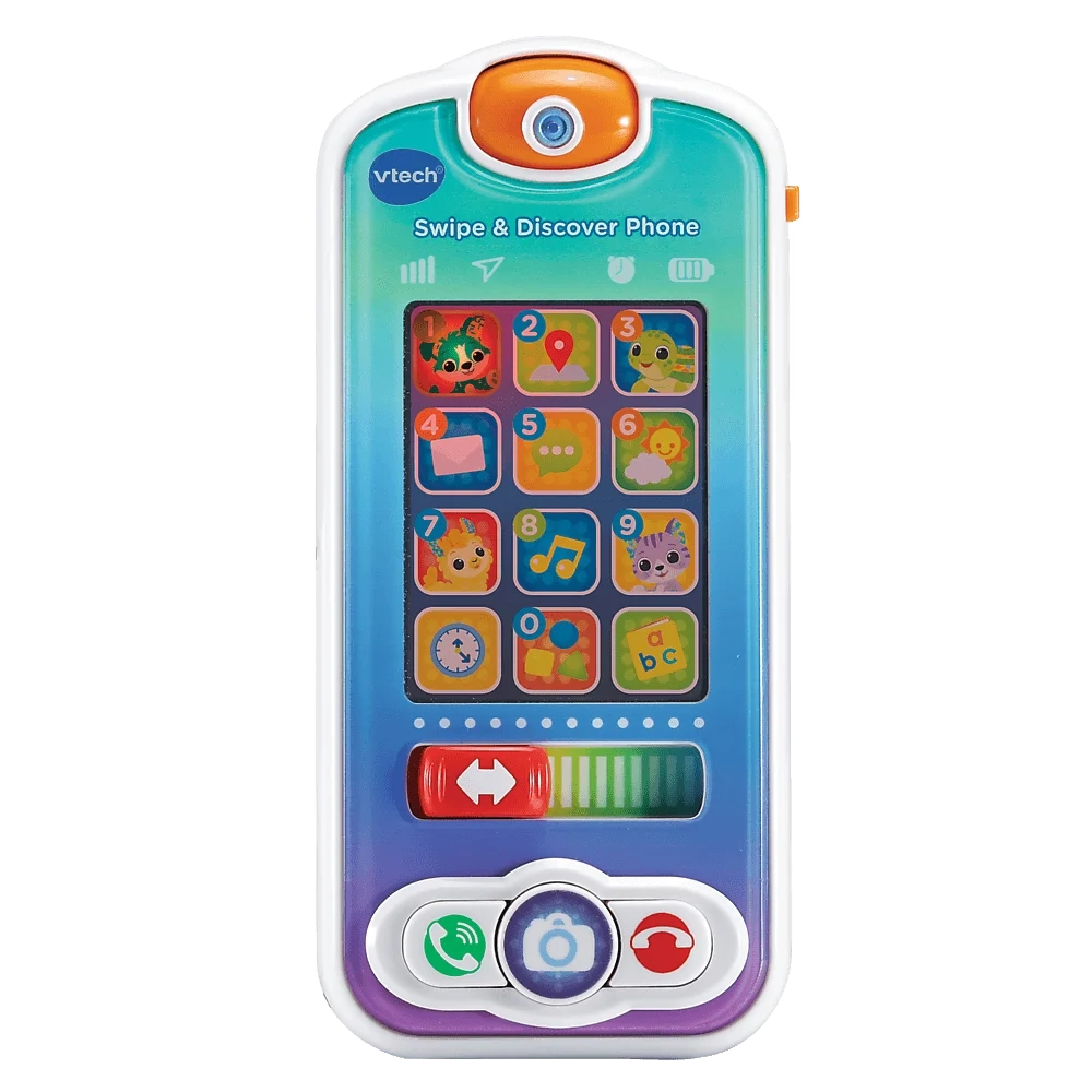 Edukacyjny telefon zabawkowy VTech Baby z 12 kolorowymi ikonkami aplikacji, cyframi i zwierzątkami do nauki poprzez zabawę.