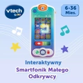 Interaktywny Smartfonik Małego Odkrywcy VTech Baby dla dzieci 6–36 miesięcy, z kolorowym ekranem i edukacyjnymi funkcjami.