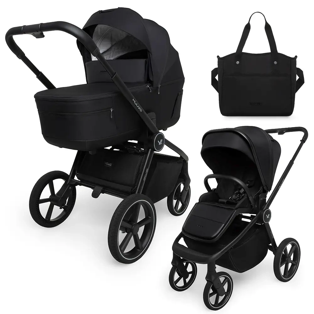 Wózek głęboko-spacerowy Muuvo Five 2w1 Classic Black z gondolą i spacerówką w eleganckim czarnym kolorze, idealny dla dzieci od narodzin do 4 lat