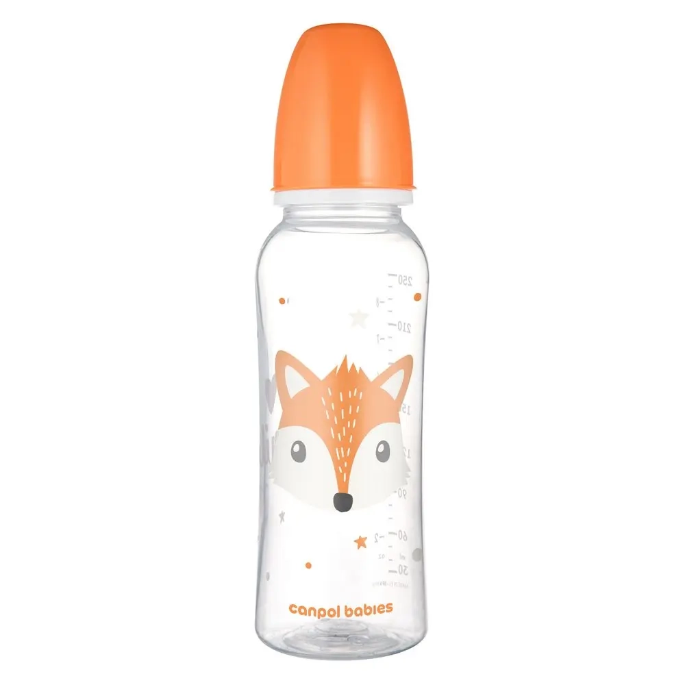 Butelka 11/841 Canpol babies 250 ml CUTE ANIMALS wykonana z bezpiecznego, nietłukącego się materiału, ozdobiona motywem uroczego liska i wyposażona w praktyczną pomarańczową nakrętkę ochronną. Idealna do codziennego karmienia dziecka