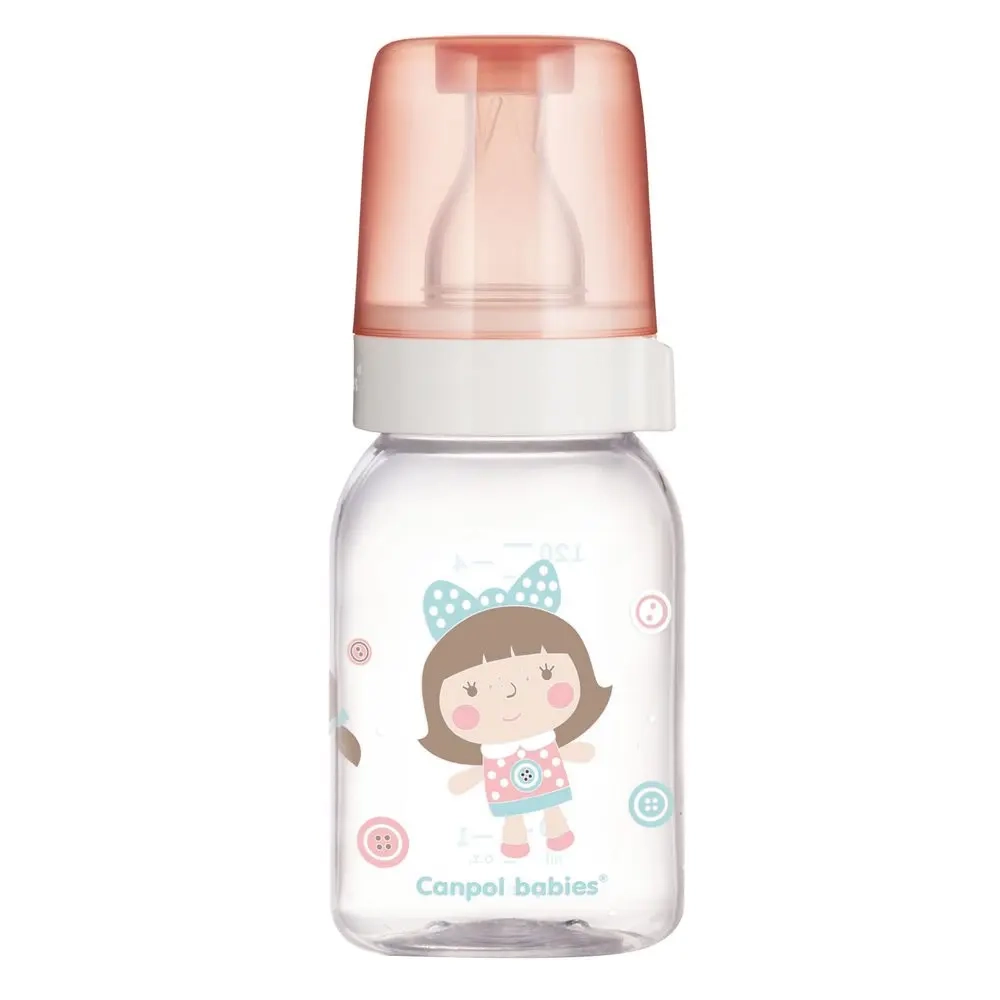 Butelka szklana Canpol babies 120 ml TOYS z motywem dziewczynki w kokardce, smoczek silikonowy, bezpieczna dla niemowląt od 3 miesiąca życia