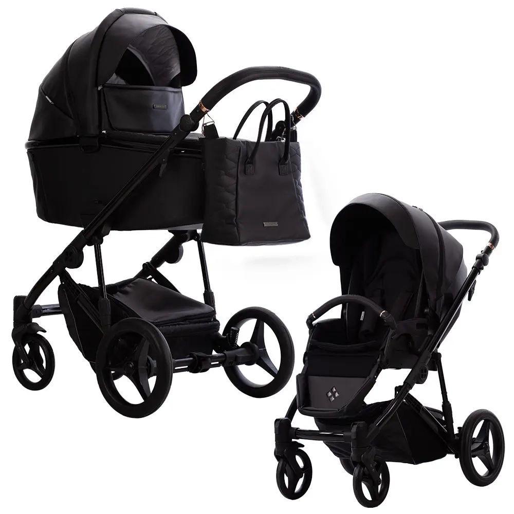 Czarny wózek Bebetto Loren Premium Class Gloss Pro 01 – gondola i spacerówka z torbą, elegancki pikowany komplet, czarny stelaż