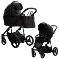 Czarny wózek Bebetto Loren Premium Class Gloss Pro 01 – gondola i spacerówka z torbą, elegancki pikowany komplet, czarny stelaż