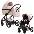 Beżowy wózek głęboko-spacerowy Bebetto Loren Premium Class Gloss 03 – gondola i spacerówka na czarnym stelażu, luksusowy komplet