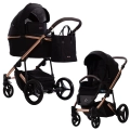 Czarny wózek głęboko-spacerowy Bebetto Loren Premium Class stella 01– wersja gondola i spacerówka, złoty stelaż, elegancka torba w zestawie