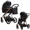 Wózek Bebetto Loren Premium Class czarny z eko-skóry stella 03 – gondola i spacerówka na złotym stelażu, luksusowy design, torba pikowana