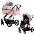 Różowy wózek głęboko-spacerowy Bebetto Loren Premium Class z motywem kwiatowym stella 08 – gondola i spacerówka, elegancka torba pikowana, złoty stelaż
