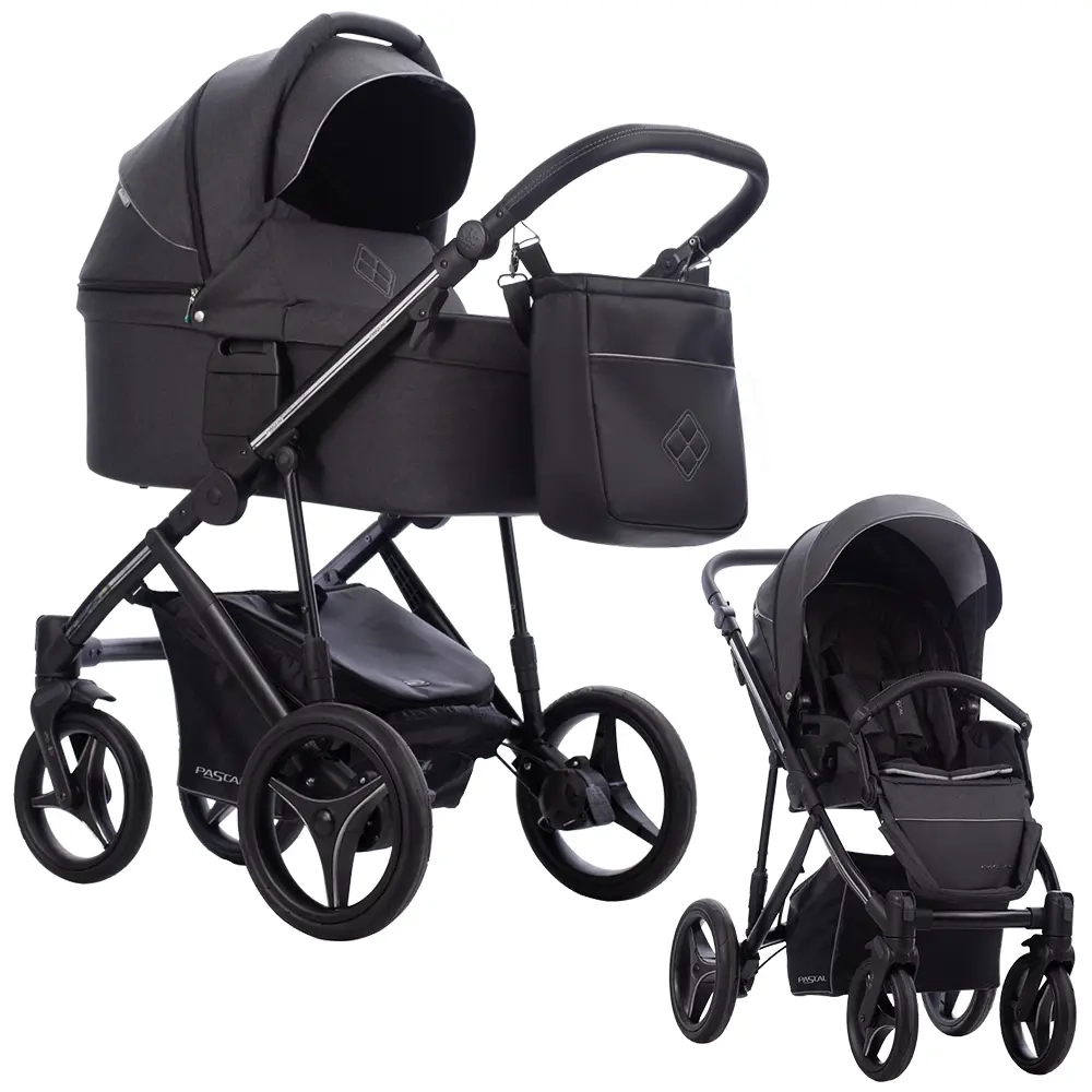 Czarny 01 wózek Bebetto Pascal 2w1 – elegancki wózek dziecięcy z gondolą i spacerówką, nowoczesny stelaż i torba pielęgnacyjna