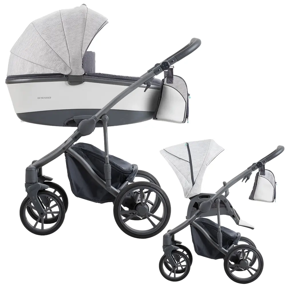 Elegancki wózek Bebetto Bresso 22 w kolorze jasnoszarym. Zestaw obejmuje gondolę i spacerówkę, a nowoczesny stelaż ułatwia prowadzenie i składanie