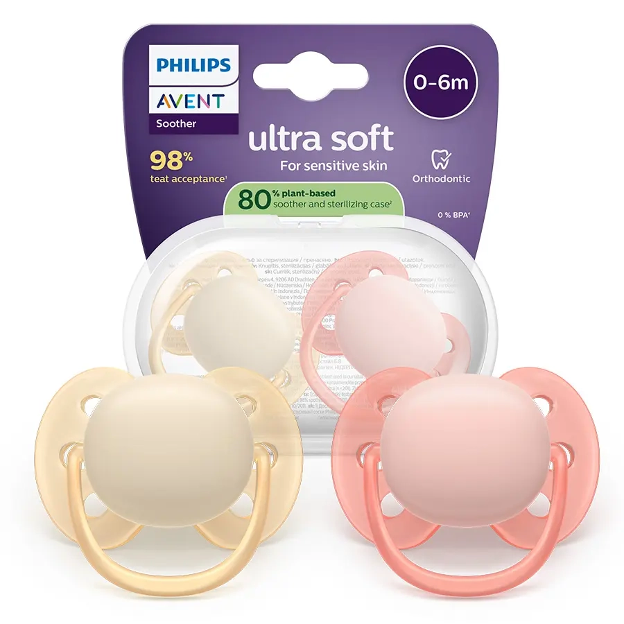 Philips Avent Ultra Soft 0–6 m – ortodontyczne smoczki dla niemowląt w zestawie 2 sztuki w kolorach różowym i beżowym, bez BPA, dla wrażliwej skóry dziecka