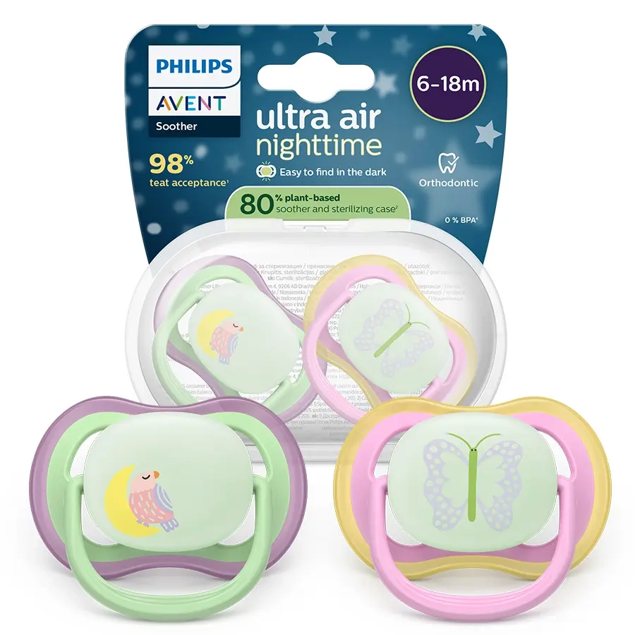 Philips Avent ultra air nighttime 6–18 m – zestaw dwóch smoczków ortodontycznych świecących w ciemności, wykonanych w 80 % z materiałów roślinnych, z motywem motylka i śpiącego ptaszka, w pastelowych kolorach