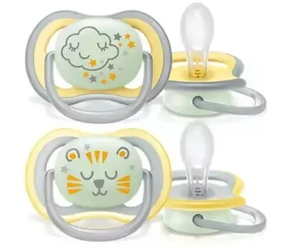 Philips Avent Air Night smoczki ortodontyczne 18 m+ w kolorach szaro-żółtych z motywem śpiącej chmurki i lwa, świecące w ciemności, z dużymi otworami wentylacyjnymi i bez BPA