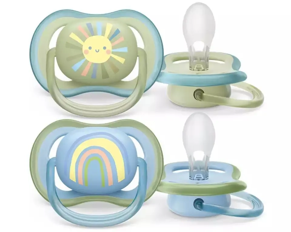 Philips Avent Ultra Air smoczek 0–6 m – zestaw kolorowych smoczków z motywami słoneczka i tęczy, w odcieniach zieleni i błękitu