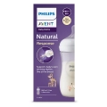 Philips Avent Natural Response Butelka 260 ml z grafiką żyrafy w opakowaniu – fioletowe pudełko prezentujące butelkę dla niemowląt z antykolkowym smoczkiem, idealną do naturalnego karmienia i łączenia z karmieniem piersią