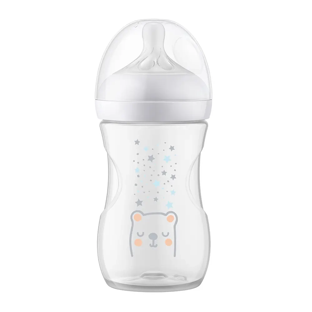 Butelka Philips Avent Natural Response 260 ml z systemem AirFree, przezroczysta z białą nakrętką i rysunkiem misia z gwiazdkami, przeznaczona do bezpiecznego i naturalnego karmienia dziecka