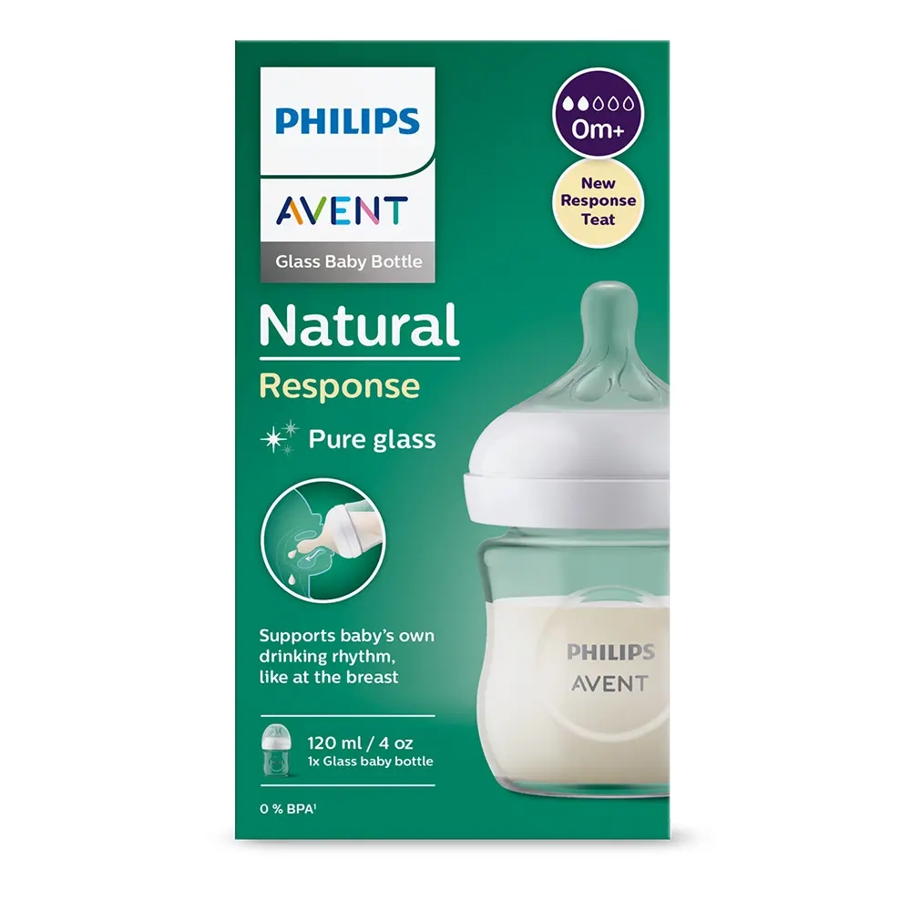 Opakowanie Philips Avent Natural Response Glass Baby Bottle 120 ml – szklana butelka dla niemowląt z antykolkowym smoczkiem i 0% BPA