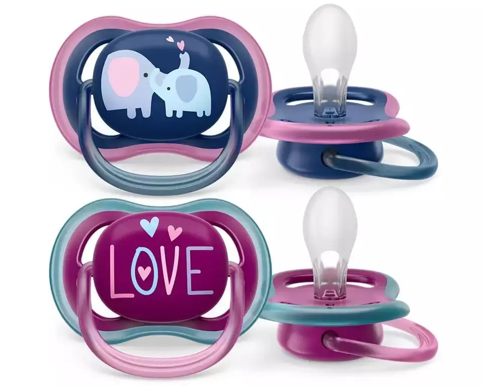 Philips Avent Ultra Air 18m+ smoczki silikonowe w kolorze granatowo-różowym z motywem słoni i napisem LOVE, bez BPA, wspierające naturalny rozwój jamy ustnej