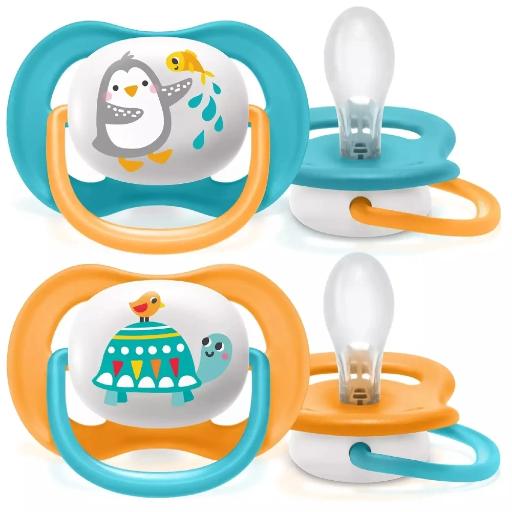 Kolorowe smoczki Philips Avent Ultra Air 6–18 m w turkusowo-pomarańczowym zestawie z motywem pingwinka i żółwia, bezpieczne silikonowe i z dużymi otworami wentylacyjnymi