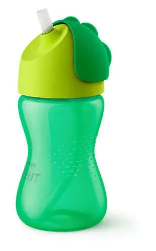 Philips Avent SCF798/01 zielony kubek ze słomką 300 ml – widok z boku z zamkniętą zieloną odchylaną pokrywką, giętka słomka i antypoślizgowy kształt ułatwiający trzymanie przez dziecko