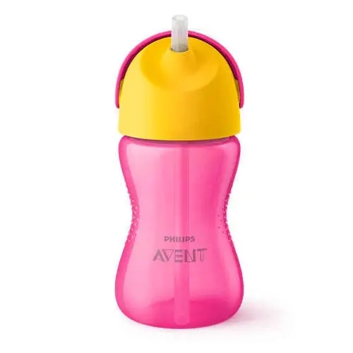 Philips Avent SCF798/02 różowy kubek ze słomką 300 ml – ujęcie z przodu, żółta pokrywka z giętką słomką, antypoślizgowy bidon dla dzieci do nauki samodzielnego picia