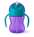 Przód kubka Philips Avent SCF796/02 ze słomką 200 ml w fioletowo–turkusowej kolorystyce, z miękką słomką, zaworem antyprzeciekowym i wygodnymi uchwytami dla małych rączek