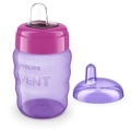 Fioletowy kubek niekapek Philips Avent SCF553/03 260 ml z różową nakrętką i miękkim silikonowym ustnikiem, widok z odkręconą pokrywką – idealny kubek do nauki samodzielnego picia