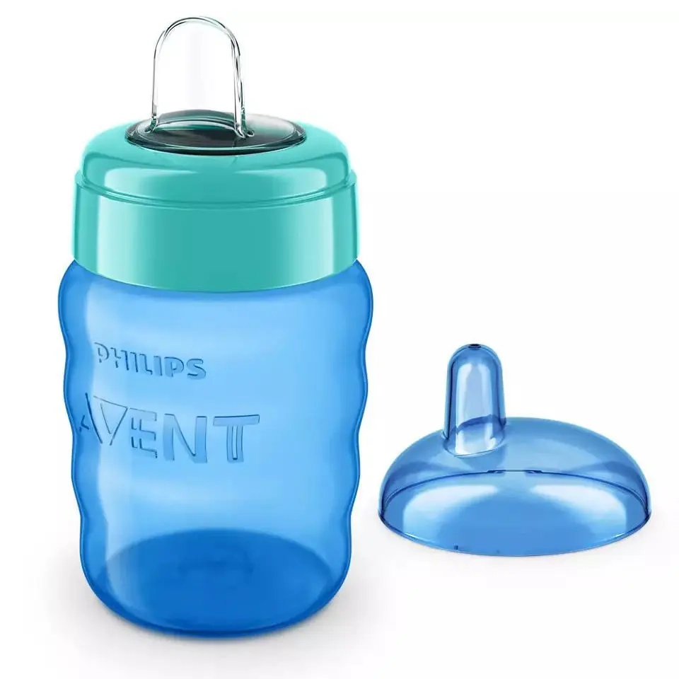 Niebieski kubek niekapek Philips Avent SCF553/05 260 ml z miętową nakrętką i miękkim silikonowym ustnikiem, pokazany z odkręconą pokrywką – idealny do samodzielnego picia i łatwego czyszczenia