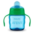 Niebieski kubek niekapek Philips Avent SCF551/05 200 ml z zieloną pokrywką i ergonomicznymi uchwytami, idealny do nauki samodzielnego picia przez dziecko