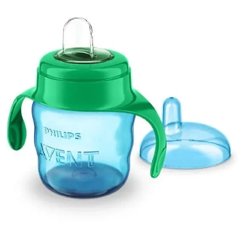 Niebieski kubek niekapek Philips Avent SCF551/05 200 ml z zieloną pokrywką i miękkim silikonowym ustnikiem, widoczna odkręcona pokrywka, łatwy do mycia w zmywarce