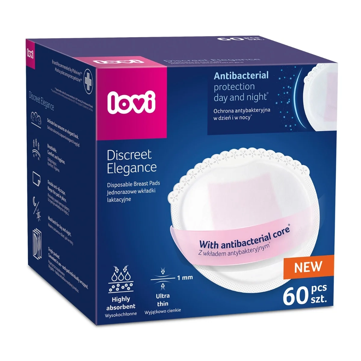 LOVI 19-607 Discreet Elegance 60 szt. – wkładki laktacyjne antybakteryjne z wkładem żelującym i nano-srebrem, zapewniające komfort, higienę i suchość przez całą dobę