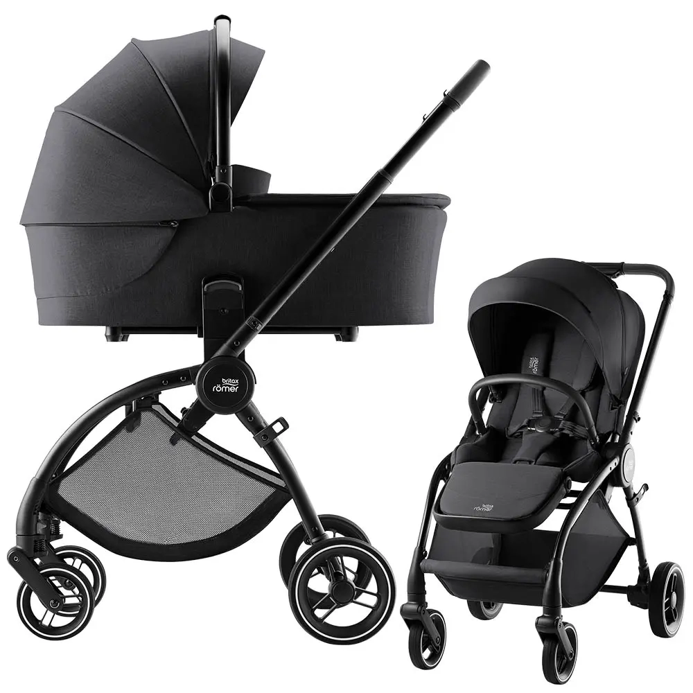 Stylowy wózek Britax-Römer Rio Carbon Black Style 2w1 w eleganckim czarnym kolorze. Lekki, kompaktowy i bezpieczny wózek z gondolą i spacerówką, idealny dla nowoczesnych rodziców