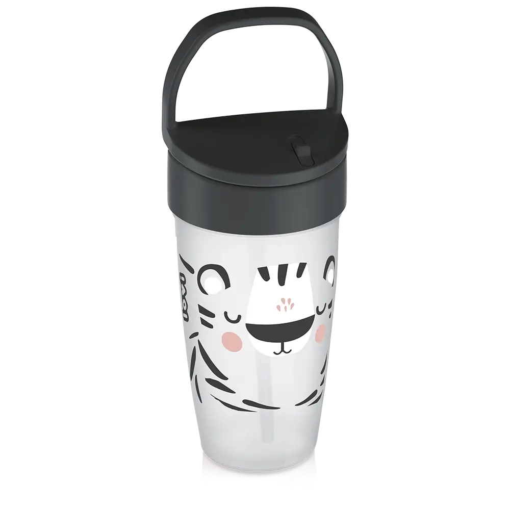 Kubek LOVI Freestyle Salt & Pepper z zamkniętą pokrywką i uchwytem, z motywem uśmiechniętego zwierzątka