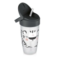 Kubek LOVI Freestyle Salt & Pepper z otwartą pokrywką i widoczną słomką, ozdobiony rysunkiem zwierzątka