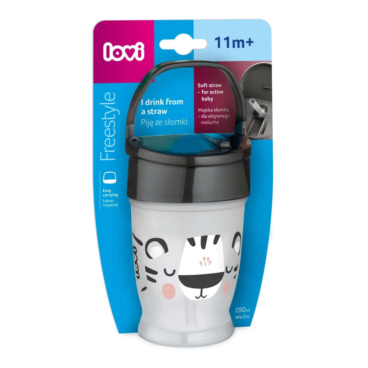 Kubek ze słomką LOVI Freestyle Salt&Pepper 250 ml w oryginalnym opakowaniu, z czarną pokrywką i rysunkiem białego tygryska na kubku