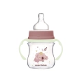 Rożowa butelka antykolkowa Canpol babies EasyStart 120 ml ze smoczkiem i świecącymi uchwytami, ozdobiona motywem śpiącego koali.