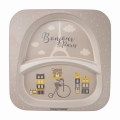 Beżowy talerz z przegródkami Canpol babies BONJOUR PARIS z ilustracją misia na rowerze i napisem „Bonjour Paris”, idealny dla dzieci powyżej 12 miesięcy.